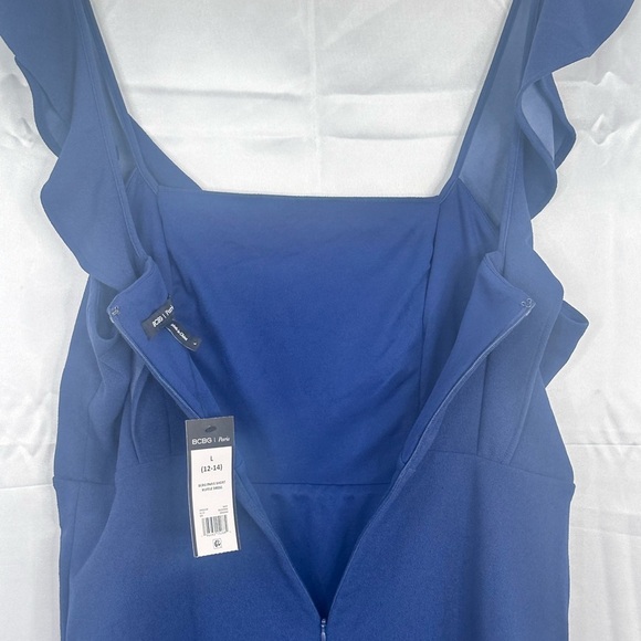 NWT BCBG Paris Mini Dress Sz 12/14 Blue Sleeveless Ruffle Straps faux wrap - Picture 4 of 10